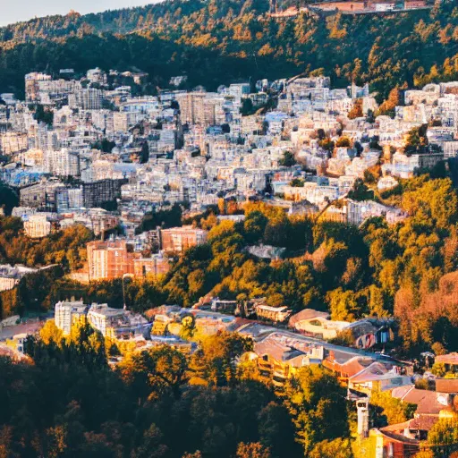 Prompt: city on a cliff, small city on hillside cliff, golden hour