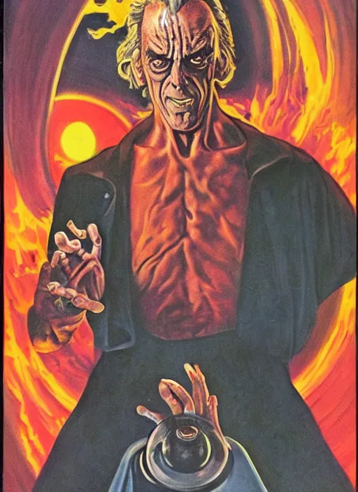 Prompt: Christopher Lloyd as Satan in retro science fiction cover by Kelly Freas (1965)