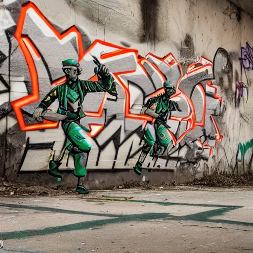 Image similar to toy soldiers fighting in an abandoned graffiti subway