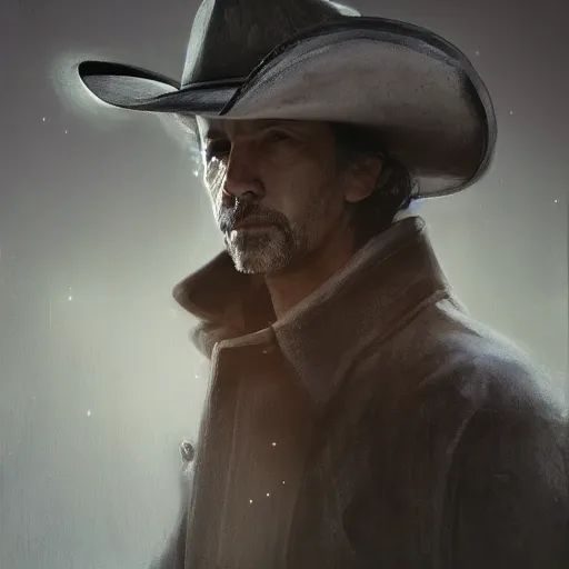 Image similar to portrait of a man with a long duster, grey hair and a cowboy hat, harsh good looking face, drawn by ruan jia, disco elysium style, fantasy art, dramatic lighting, digital art, 8 k, highly detailed