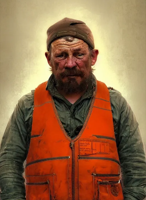 Image similar to a russian railroad electrician!!!, male!!, wearing orange vest!!, siberia!!, portrait, dirty, fat, ugly, intricate, elegant, highly detailed, digital painting, artstation, concept art, wallpaper, smooth, sharp focus, illustration, art by artgerm and greg rutkowski and alphonse mucha