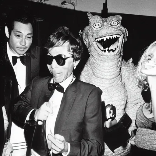 Image similar to godzilla partying at studio 5 4 b & w grainy photograph lots of celebrities including andy warhol