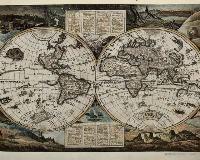 Image similar to highly detailed ancient map of the world, flat earth model, beautiful caligraphy and notations, beautiful detailed illustrations, ancient lost artefacts, 3 5 mm film photo