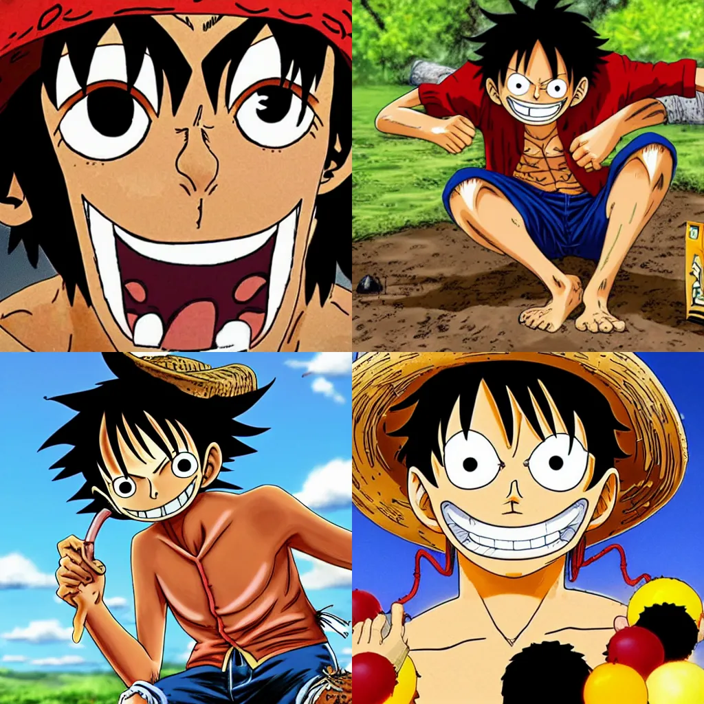 Prompt: Monkey D. Luffy eating dirt from the ground