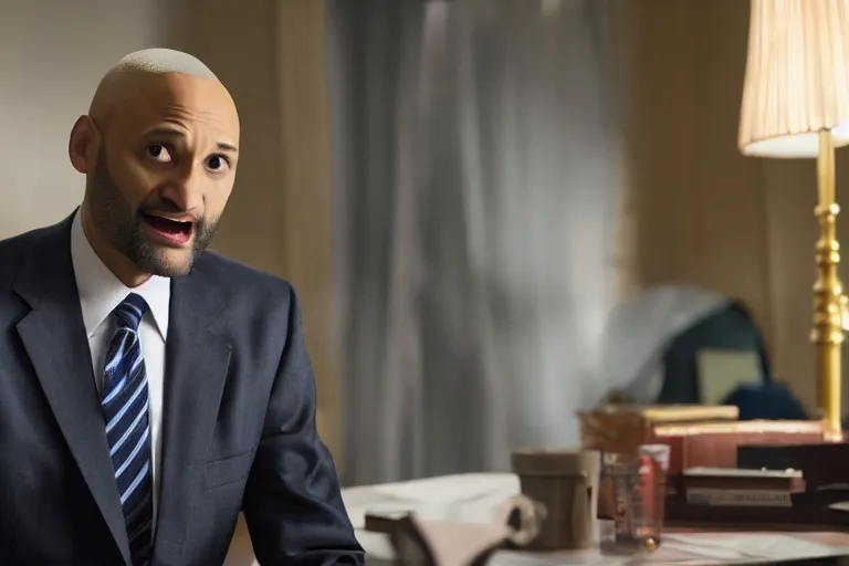 Image similar to Keegan-Michael Key as Barack Obama in 'Obamna' (2020), movie still frame, promotional image, imax 70 mm footage, oscar nominated cinematography, volumetric lighting, 8k resolution