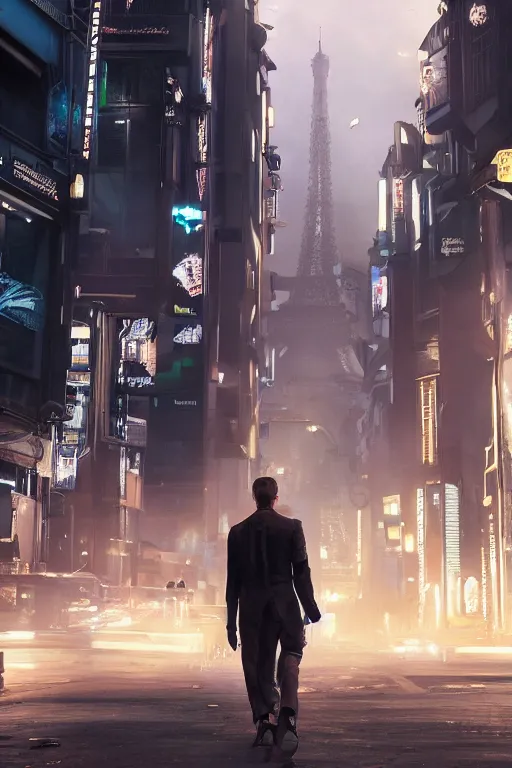 Image similar to in the foreground a Parisian street, in the background a dark-haired man from behind playing with swirls of energy coming out hands wearing a long matrix-style jacket, realistic, high definition, many details, dramatic scene, detailed hands and realistic, symmetrical face, realistic eyes, cyberpunk art 2077