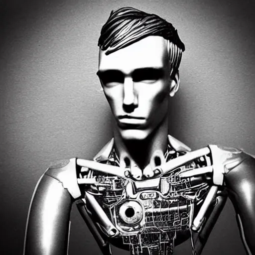 Image similar to “a realistic detailed photo of a guy who is an attractive humanoid who is half robot and half humanoid, who is a male android, rapper MGK, shiny skin, posing like a statue, blank stare”