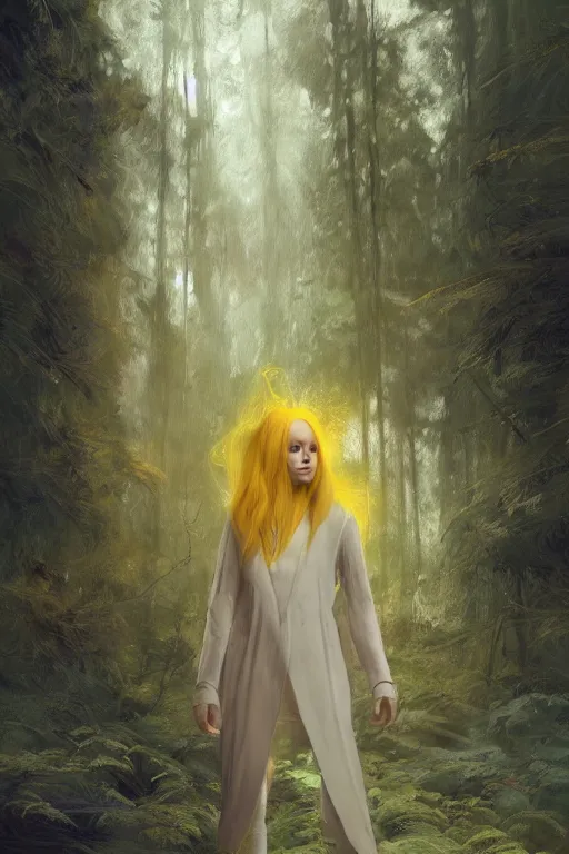 Prompt: digital drawing of wizard woman with long yellow hair standing in a forest by jeremy lipking and greg rutkowski and artgerm rendered in octane, beuatiful lighting, character concept