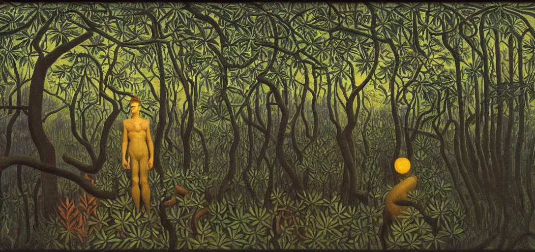 Prompt: portrait of a posed hyper detailed complex, plowhorn evangelion realistic mechanical and bioluminescent organic creature in a dark deep forest at dawn in spring, with reflection and textures, by henri rousseau