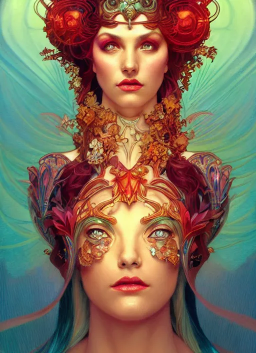 Image similar to the goddess hera looking angry, paper dress, volumetric lights, red and cyan theme, art nouveau botanicals, intricate, highly detailed, digital painting, artstation, concept art, smooth, sharp focus, symmetric face, illustration, art by artgerm and greg rutkowski and alphonse mucha