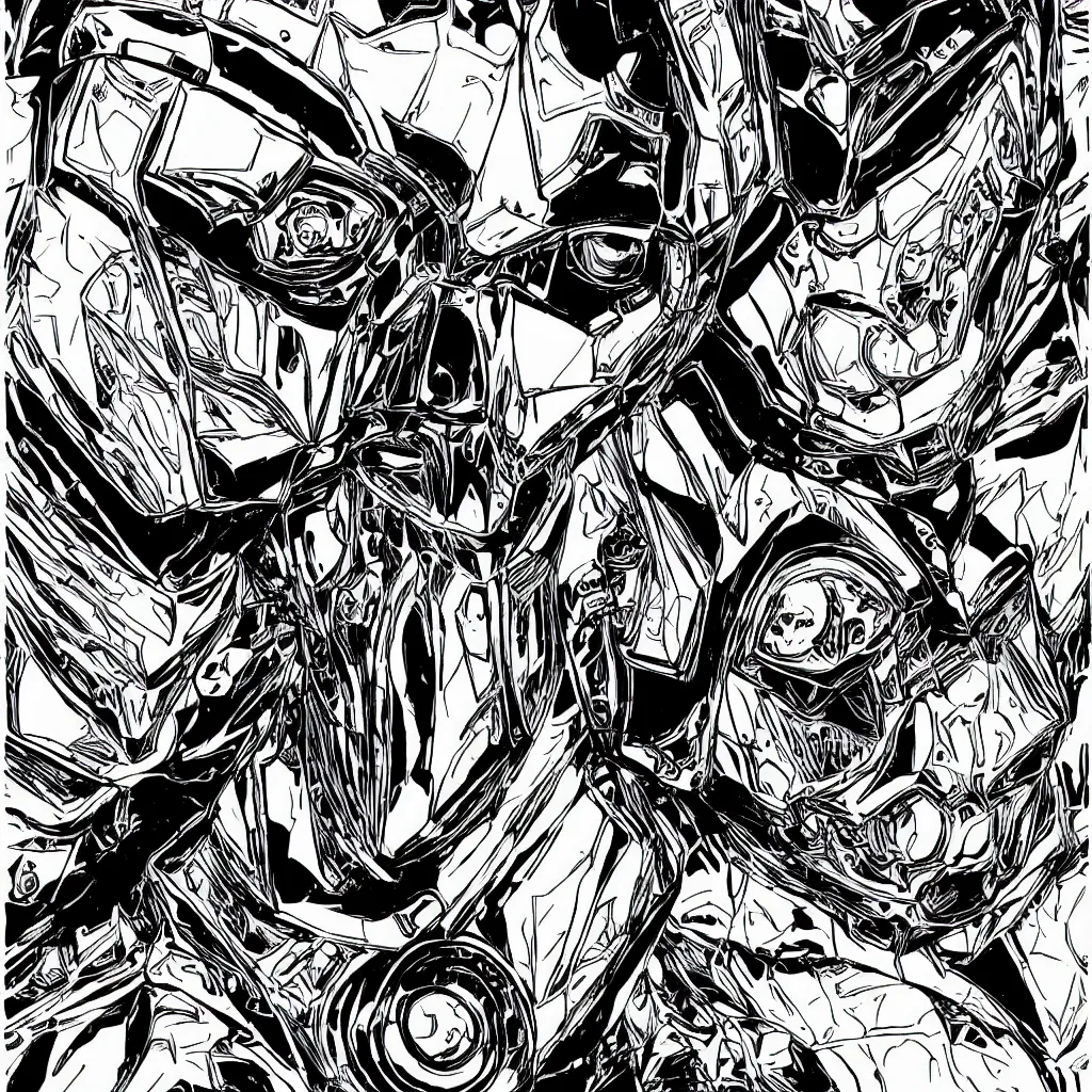 Image similar to a portrait of an ultra detailed hard edged robot front view in comic book black and white