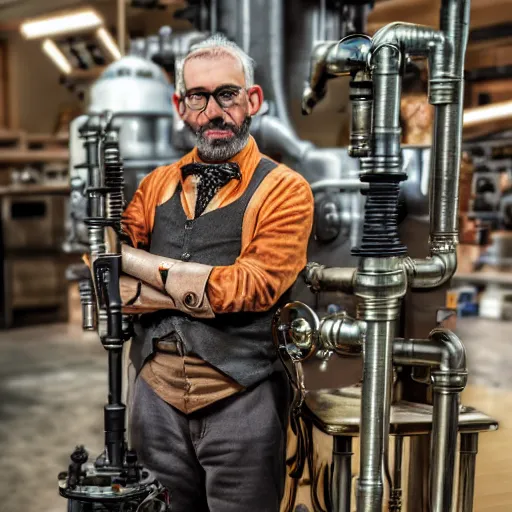 Image similar to A random pointless contraption ((steampunk)) industrial appliance pneumatic machine with no apparent purpose, being operated by a scholarly looking man with a clear directed gaze, XF IQ4, f/1.4, ISO 200, 1/160s, 8K, RAW, unedited, symmetrical balance, in-frame