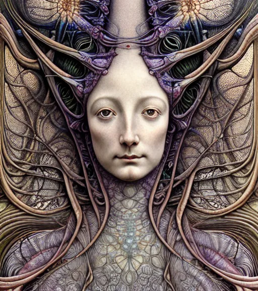 Image similar to detailed realistic beautiful mantis goddess face portrait by jean delville, gustave dore, iris van herpen and marco mazzoni, art forms of nature by ernst haeckel, art nouveau, symbolist, visionary, gothic, neo - gothic, pre - raphaelite, fractal lace, intricate alien botanicals, ai biodiversity, surreality, hyperdetailed ultrasharp octane render