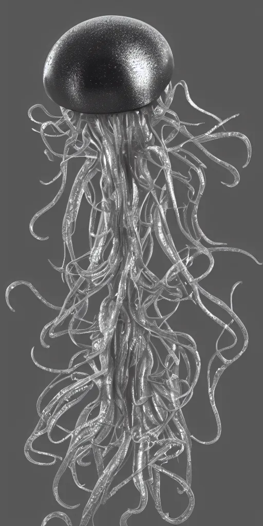 Image similar to a photorealistic render of a metallic neotribal jellyfish, greyscale, made of melted plastic and marble, c 4 d, by zhelong xu and ernst haeckel, wide angle, hyper realistic, plain black background, 8 k, volumetric lightning, octane render