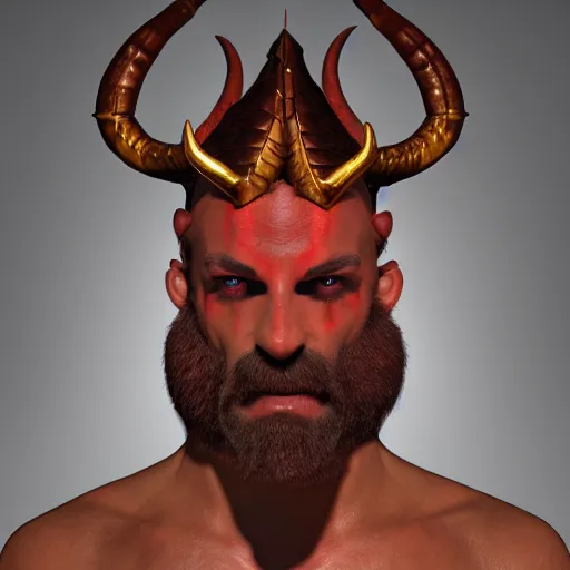 Prompt: a d & d style male tiefling, with red skin, completely golden eyes, and a black beard, with 2 horns protruding out of his forehead which curve back, one is broken at a quarter of the length of the other, octane render, unreal engine 6, conceptual art, ray tracing