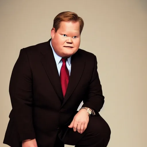 Image similar to Andy Richter wearing a brown suit and necktie kneeling on both knees with a pleading look on his face.