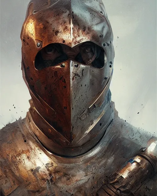 Prompt: Hyper realistic painting of a man in rusty full plate armor with his face uncovered, dark fantasy, fantasy armor, hyper detailed, by greg rutkowski, trending on artstation