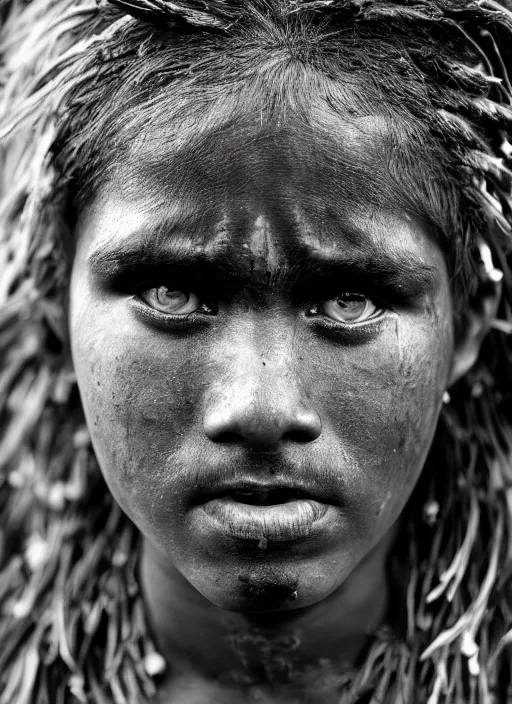 Image similar to Award winning Editorial photo of a Native Nauruans with incredible hair and beautiful hyper-detailed eyes wearing traditional garb by Lee Jeffries, 85mm ND 5, perfect lighting, gelatin silver process