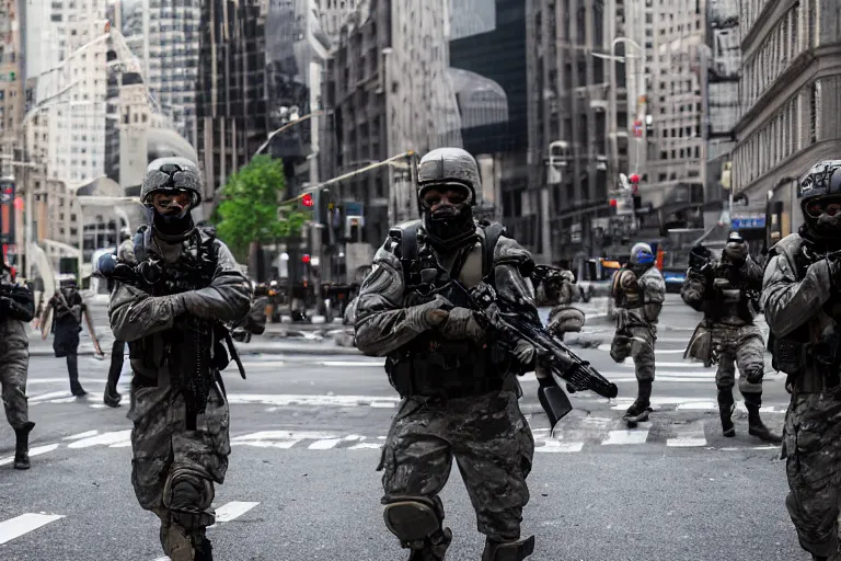 Image similar to Mercenary Special Forces soldiers in grey uniforms with black armored vest and helmets in urban warfare in New York 2022, Canon EOS R3, f/1.4, ISO 200, 1/160s, 8K, RAW, unedited, symmetrical balance, in-frame, combat photography