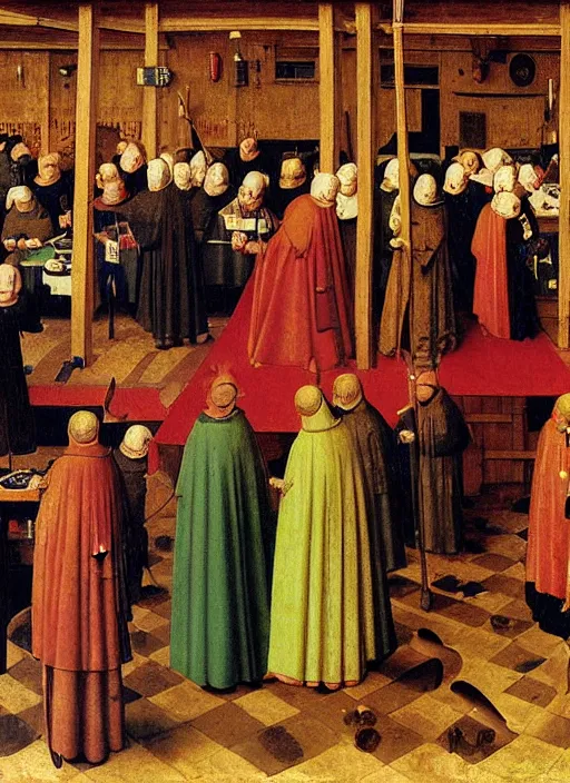 Prompt: date at the crowded medieval inn. Medieval painting, by Jan van Eyck