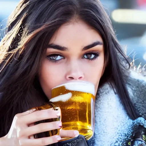 Image similar to 4k,ultra detailed portrait of Madison Beer drinking beer at the parking lot by Rachel Ruysch