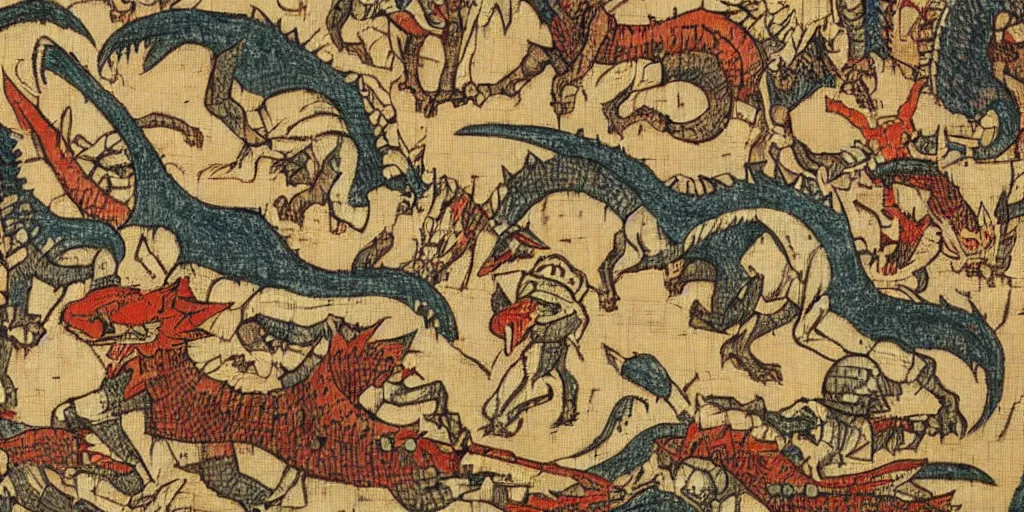 Prompt: Monster Hunter in medieval tapestry, historic