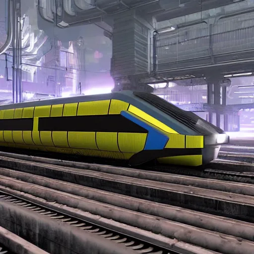 Prompt: Immense industrial futuristic train arrives at cyber punk city station, cinematic lighting, concept art