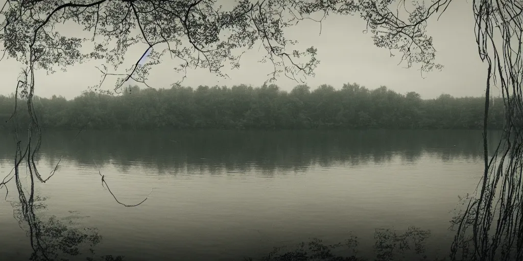 Image similar to a infinitely long thick rope zig - zagging snaking across the surface of the water into the distance, floating submerged rope stretching out towards the center of the lake, a dark lake on a cloudy day, atmospheric, color film, trees in the background, hyper - detailed photo, anamorphic lens