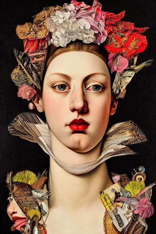 Prompt: Detailed maximalist portrait with large lips and large eyes. 8x HD mixed media, 3D collage, highly detailed and intricate illustration in the style of Caravaggio. colourful matte background