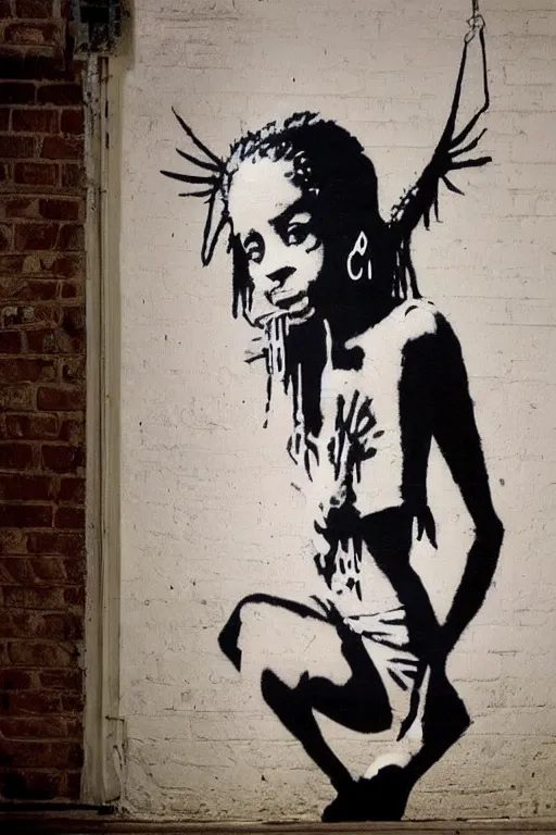 Image similar to a woman inside of an empty light bulb. the woman has wings. by banksy and basquiat