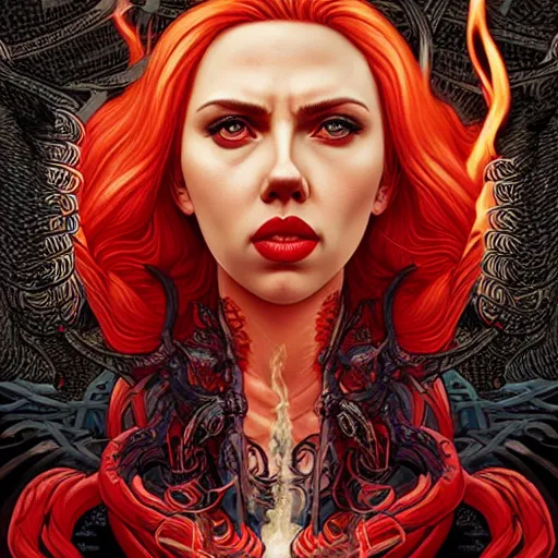 Image similar to queen of hell portrait of scarlett johansson, fire and flame, big long hell serpent octopus, Pixar style, by Tristan Eaton Stanley Artgerm and Tom Bagshaw.