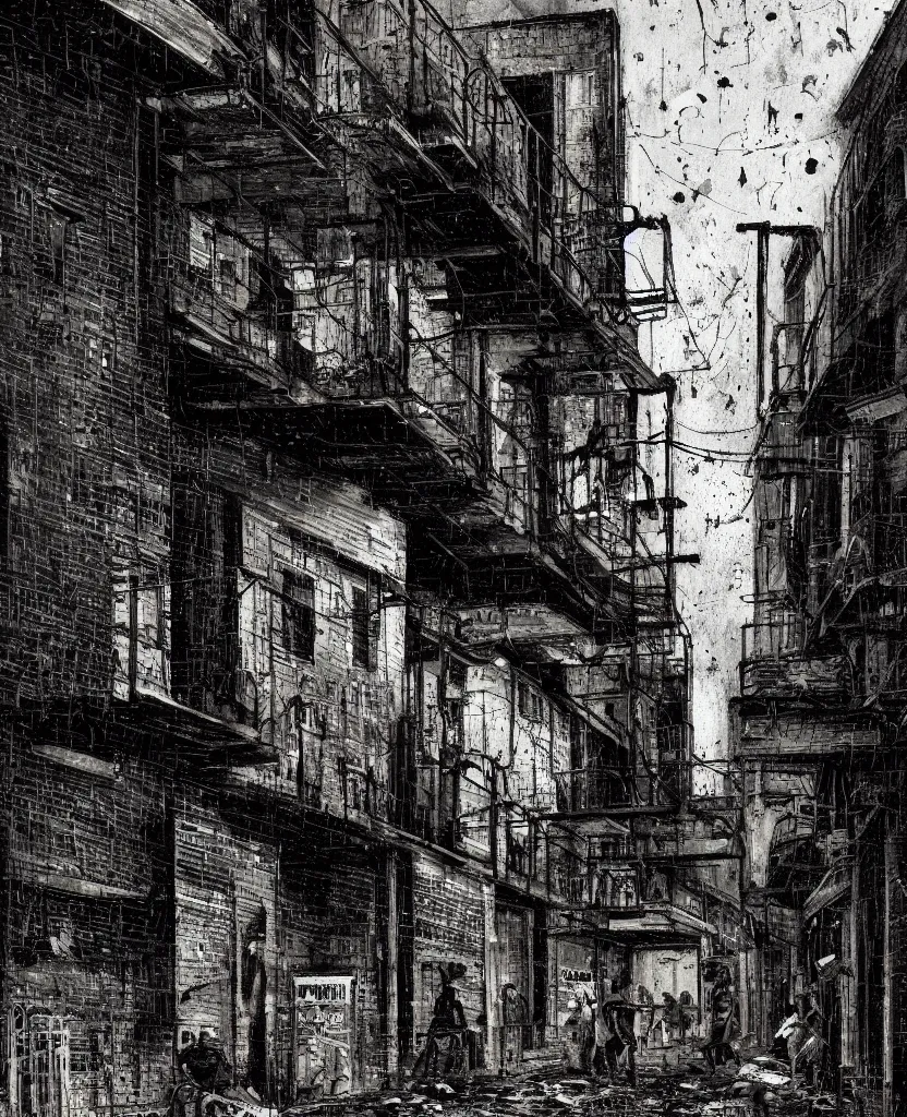 Prompt: the grime and grit of a dark city and its alleyways, a small scene happening in the sonder and somber of life