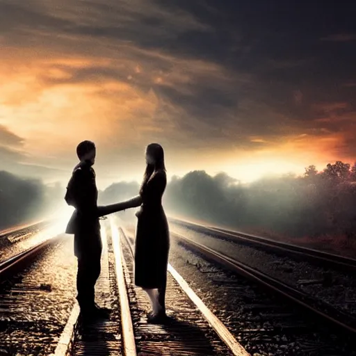 Prompt: two young lovers holding each other for the last time before they leave for war, train station, line of soldier, sunset, mist, 4 k, luminist style, matte painting, artstation