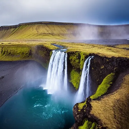 Prompt: waterfall in iceland, ocean, drone shot,