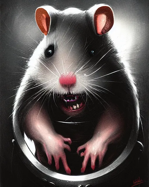 Prompt: wrecking ball the hamster from overwatch, with an evil and crazy look inn her eyes, character portrait, portrait, close up, concept art, intricate details, highly detailed, horror poster, horror, vintage horror art, realistic, terrifying, in the style of michael whelan, beksinski, and gustave dore