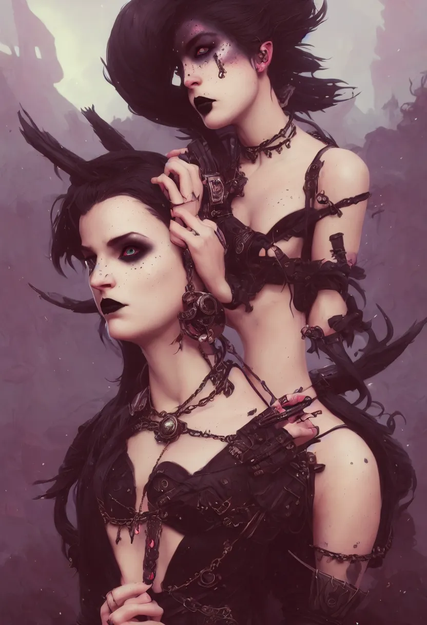 Prompt: beautiful very extreme closeup portrait, goth girl, piercings collar, mohawk hairstyle, medieval dress. witch, makeup. unreal engine, greg rutkowski, loish, rhads, beeple, tom bagshaw, alphonse mucha, global illumination, detailed and intricate environment