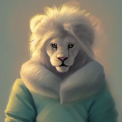 Image similar to aesthetic portrait commission of a albino male furry anthro lion wearing a cute mint colored cozy soft pastel winter outfit, winter atmosphere. character design by chunie, kristakeshi, sigmax, ross tran