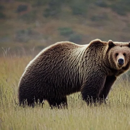 Image similar to grizzly bear holding a mounted minigun