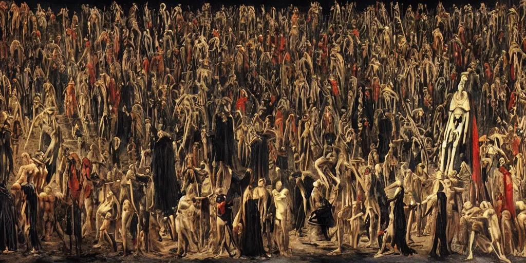 Prompt: dante's inferno painting, with people in black hooded tunic like in the film eyes wide shut of stanley kubrick, illuminati symbol, crows, skeletons, crosses, dark beauty, rotten gold, perfect faces, extremely detailed, cinema 4 d, unreal engine.