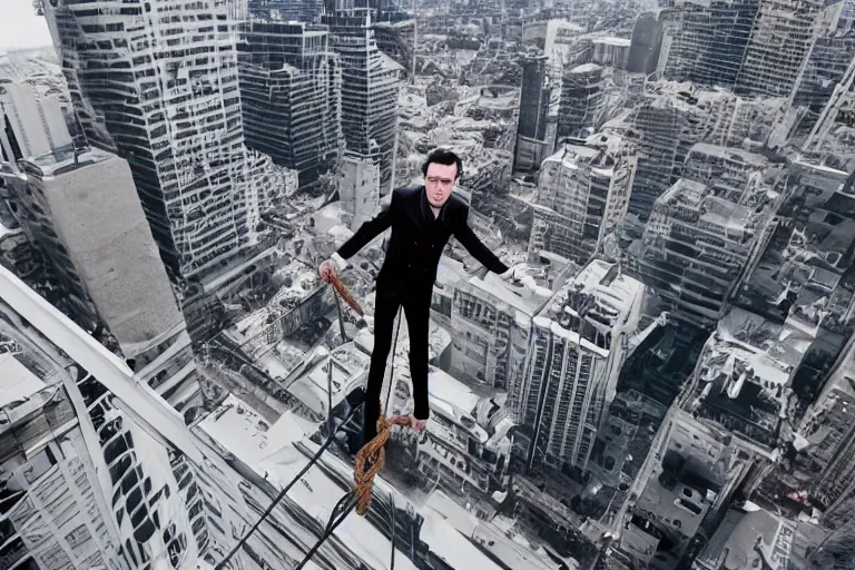 Image similar to photograph of a nervous vampire rope walking on top of a high building and trying to balance himself, wide shot