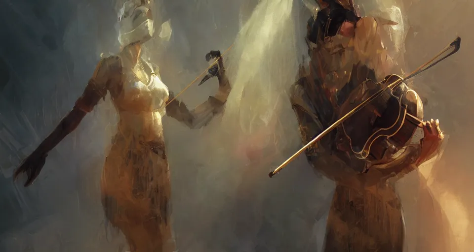 Image similar to craig mullins and ghibli digital art of masked female violinist, she wears a strong exotic costumes, gold jewelry, black hair, inside the theater, many audience, solo performance on stage unreal engine, hyper realism, realistic shading, cinematic composition, realistic render, octane render, detailed textures, photorealistic, wide shot