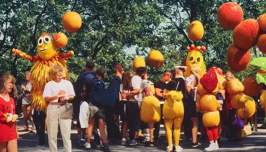 Prompt: 1990s candid photo of a beautiful day at the park, cinematic lighting, cinematic look, golden hour, costumed fruit mascot people coming out of an energy portal, Enormous personified fruit people with outstandingly happy faces coming out of a space portal and talking to families, UHD
