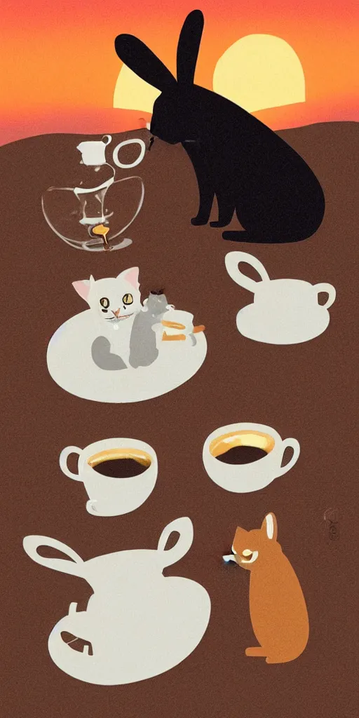 Image similar to a cat and a rabbit sit and drink coffee in the sunset