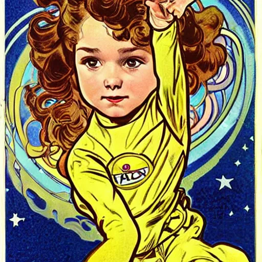 Image similar to a cute little girl with a mischievous face and short brown wavy curly hair. she is dressed as an astronaut. well composed, clean elegant painting, beautiful detailed face. comic book art by steve ditko and jack kirby and ( alphonse mucha )