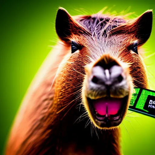 Image similar to cute capybara eating a neon nvidia gpu, chewing on a video card, cooling fans, cyberpunk, wildlife photography, bokeh, sharp focus, 3 5 mm, taken by sony a 7 r, 4 k, award winning