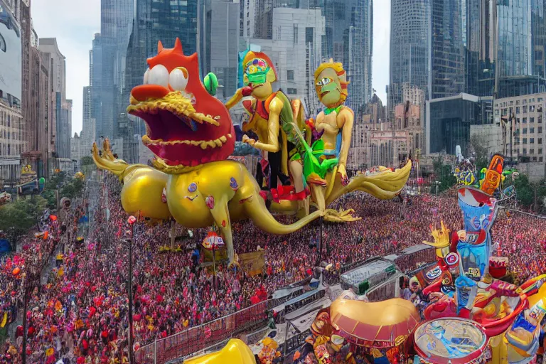 Image similar to photo of giant elaborate parade float designed by geoff darrow!!!! and ( ( ( ( ( ( rick and morty ) ) ) ) ) ), in the macys parade, detailed 4 k photo