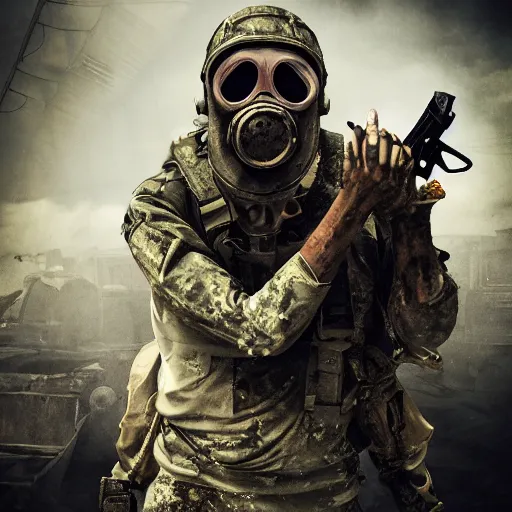 Image similar to military zombie with pig body type in broken gasmask, details face, photo, bloody eyes, unreal engine, digital, artstation, detailed body, heavenly atmosphere, digital art, overdetailed art, trending on artstation, cgstudio, the most beautiful image ever created, dramatic, award winning artwork, beautiful scenery