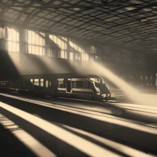 Image similar to an cavernous and expansive train terminal, sun rays coming in through windows, smoky and dusty air, people in a train station, photograph by hal morey, featured on cg society, light and space, volumetric lighting, matte drawing, cinematic, moody, dramatic, global illumination