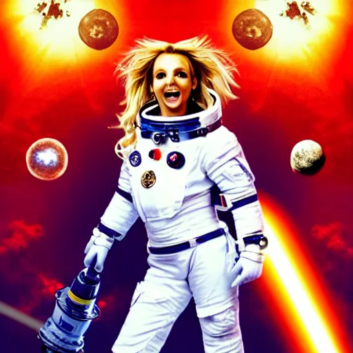 Image similar to of a great movie poster of britney spears as a hero sci fi space cosmonaut holding a raygun in a nice action pose, there is an explosion on the background of a space station shaking britney's hair and lighting her with a rim light, she is laughing, opps i did it again, f 2. 8, advertising lighting,