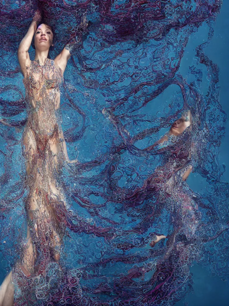 Image similar to a beautiful hyperdetailed rendering of an underwater bellydancer with extremely long flowy dress like a beta fish fins, weightless, deep color, fine bubbles, cryengine, 8 k, extreme detail, full subject in frame and view, epic scale ultrawide angle, designed by iris van herpen and alexander mcqueen, slow motion fashion, low key lighting